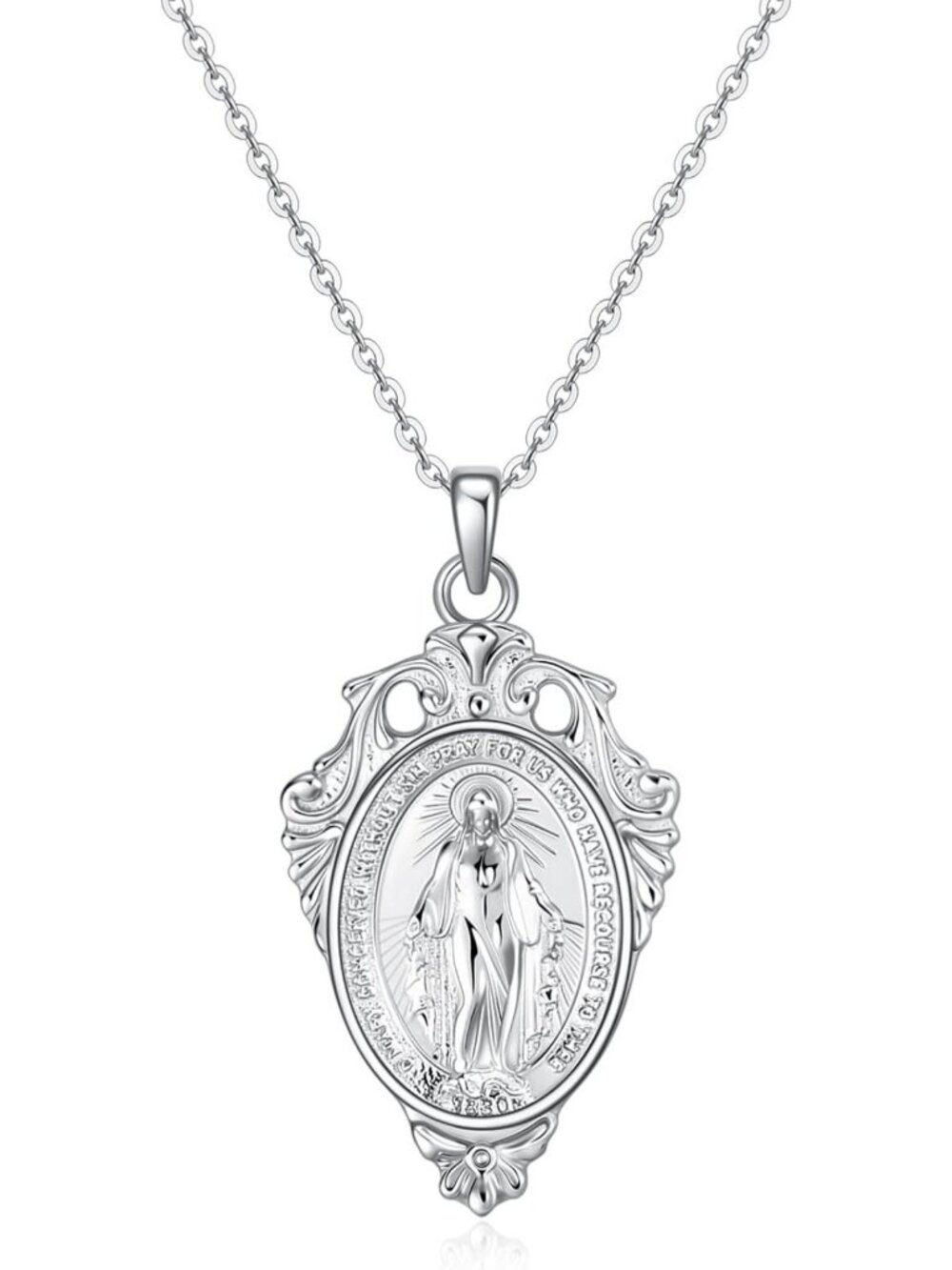 Sterling Silver Miraculous Medal Pendant Necklace for Women, Catholic Jewelry